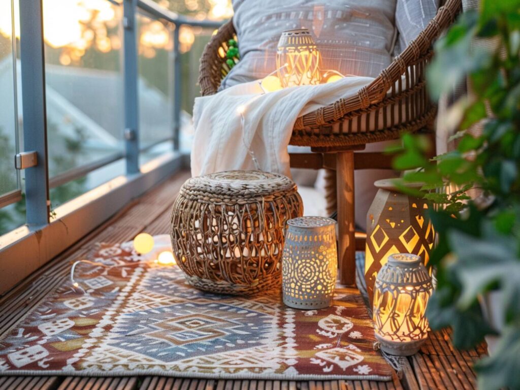 ak urządzić balkon w stylu boho z lampami LED o ciepłym, nastrojowym świetle