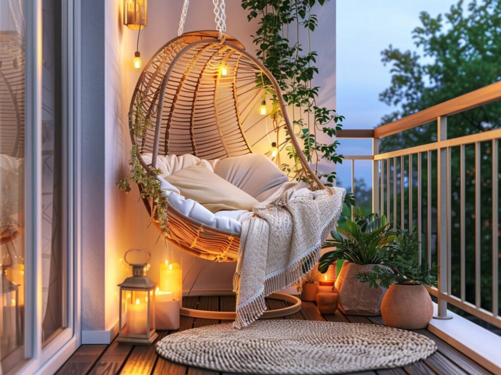 ak urządzić balkon w stylu boho z lampami LED o ciepłym, nastrojowym świetle