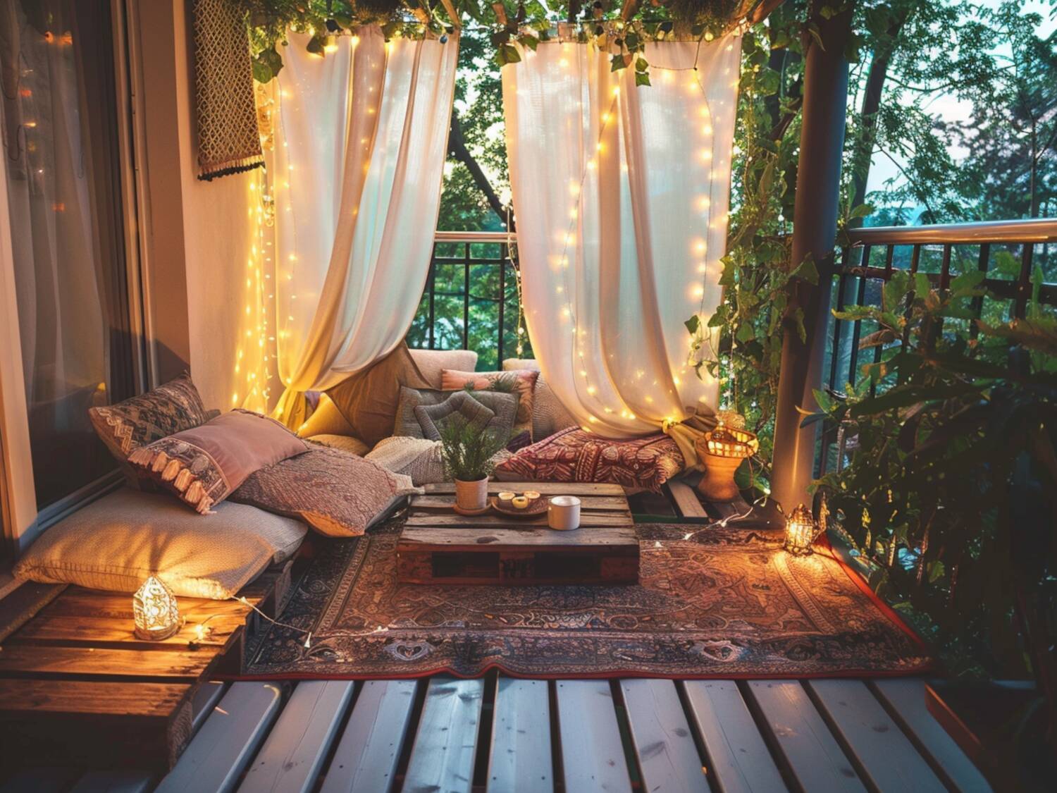 ak urządzić balkon w stylu boho z lampami LED o ciepłym, nastrojowym świetle