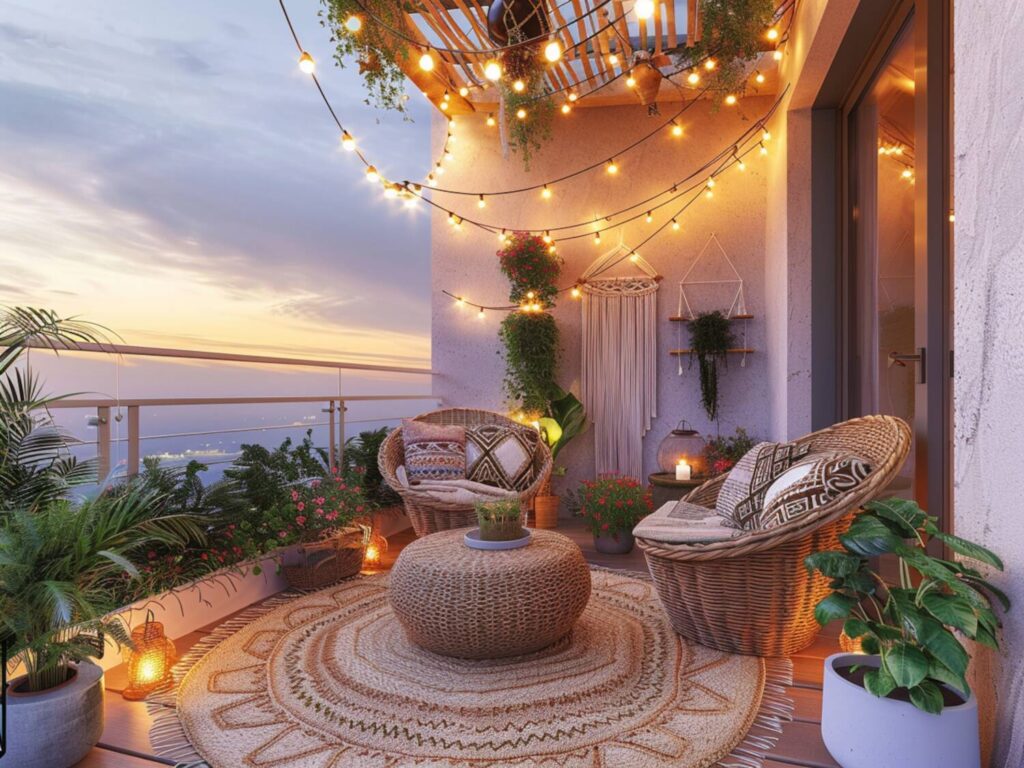 ak urządzić balkon w stylu boho z lampami LED o ciepłym, nastrojowym świetle